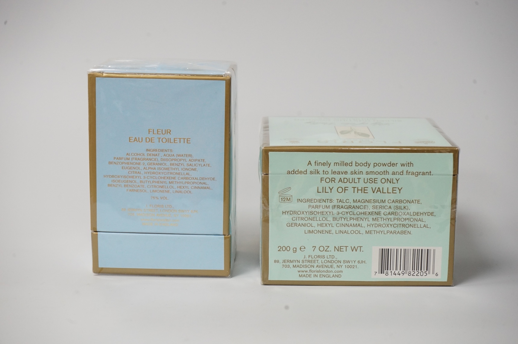 Three bottle of ladies unopened Floris perfumes comprising two bottles of Fleur and one bottle of Special No. 127, together with Floris Lily of the Valley silken dusting powder, each boxed and cellophane wrapped